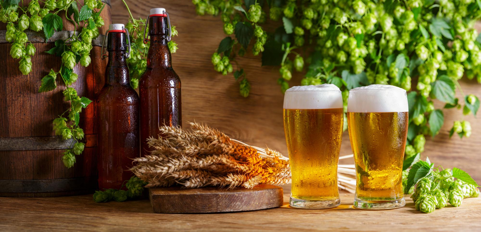 ホップと麦に囲まれたビール